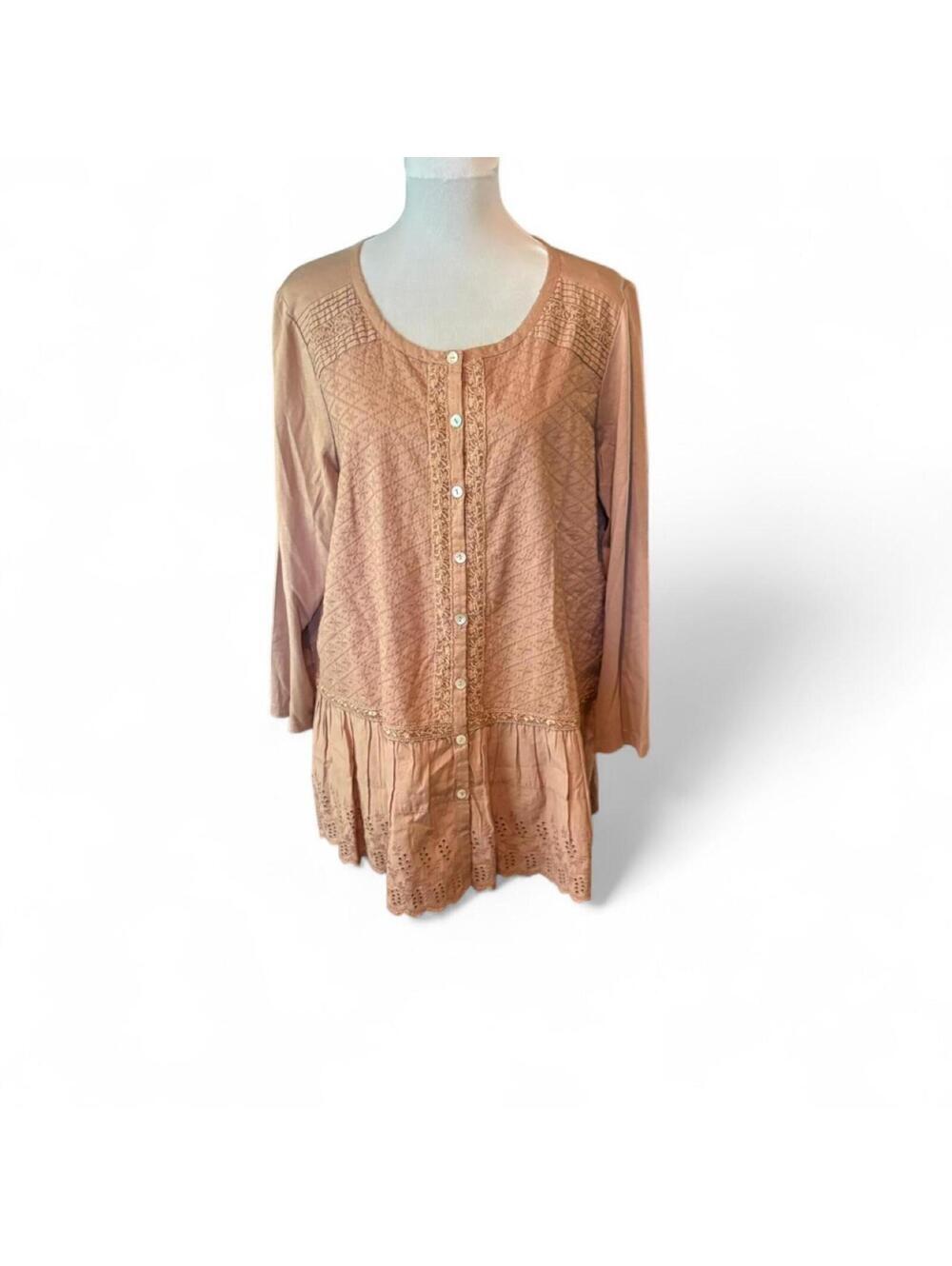 LOGO long sleeve button up blouse with lace trim and ruffles. Size: L NWOT